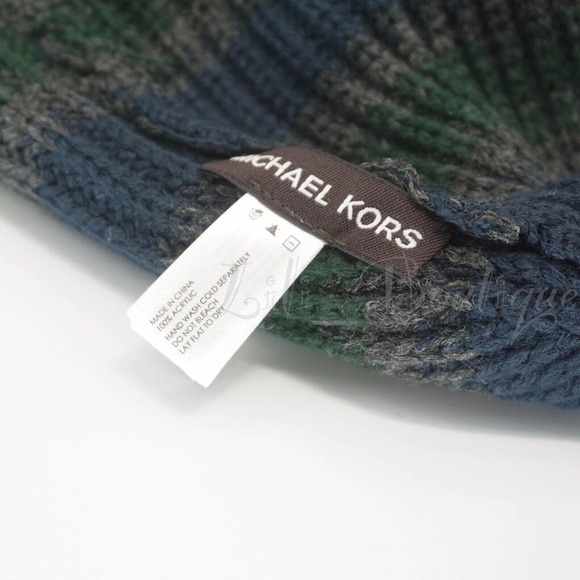 No Tag Michael Kors Men Knit Acrylic Beanie Hat Ski Cap Striped Navy Green Grey - Picture 4 of 4